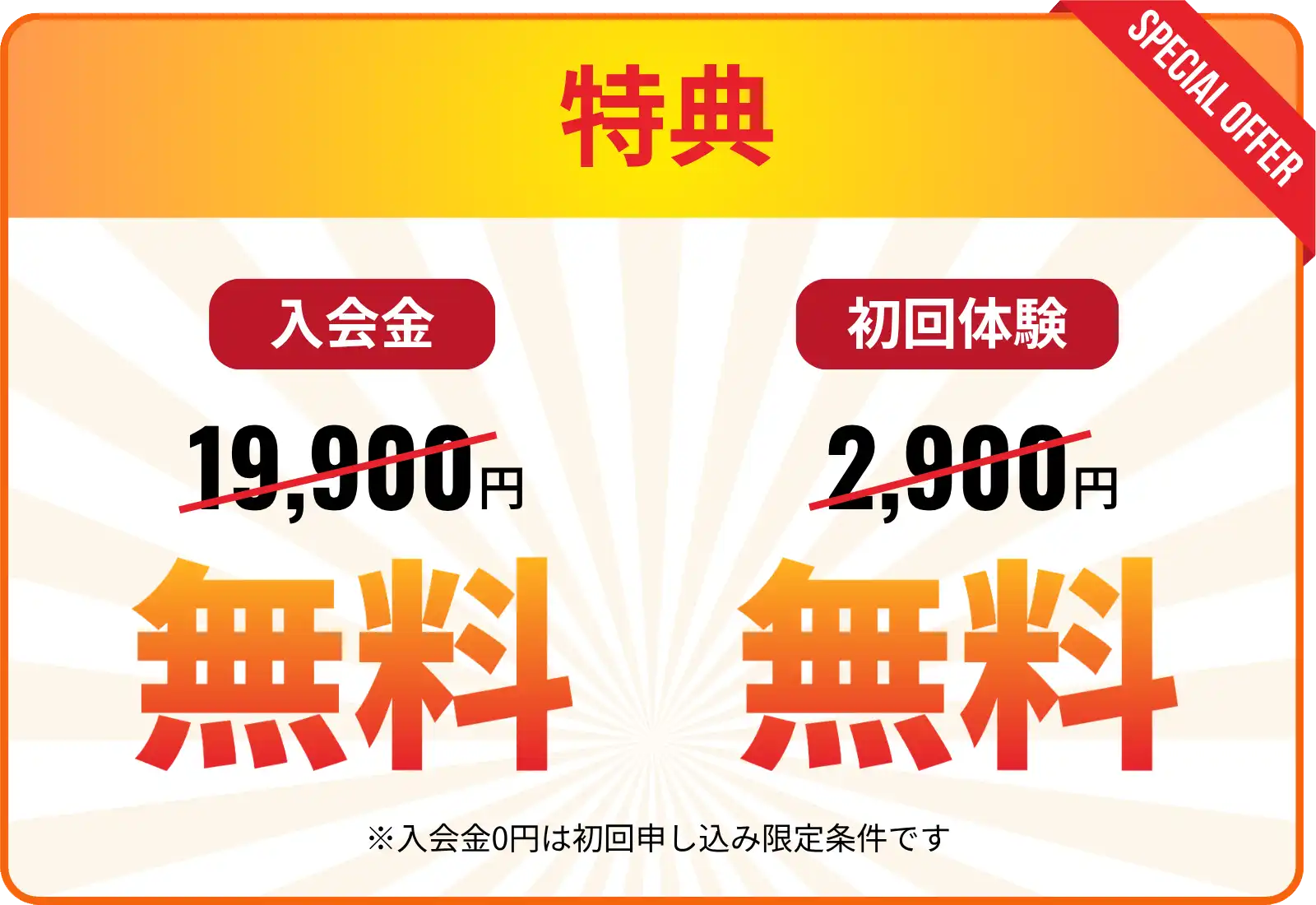 Gymもの入会金無料と体験無料の入会特典を説明している画像