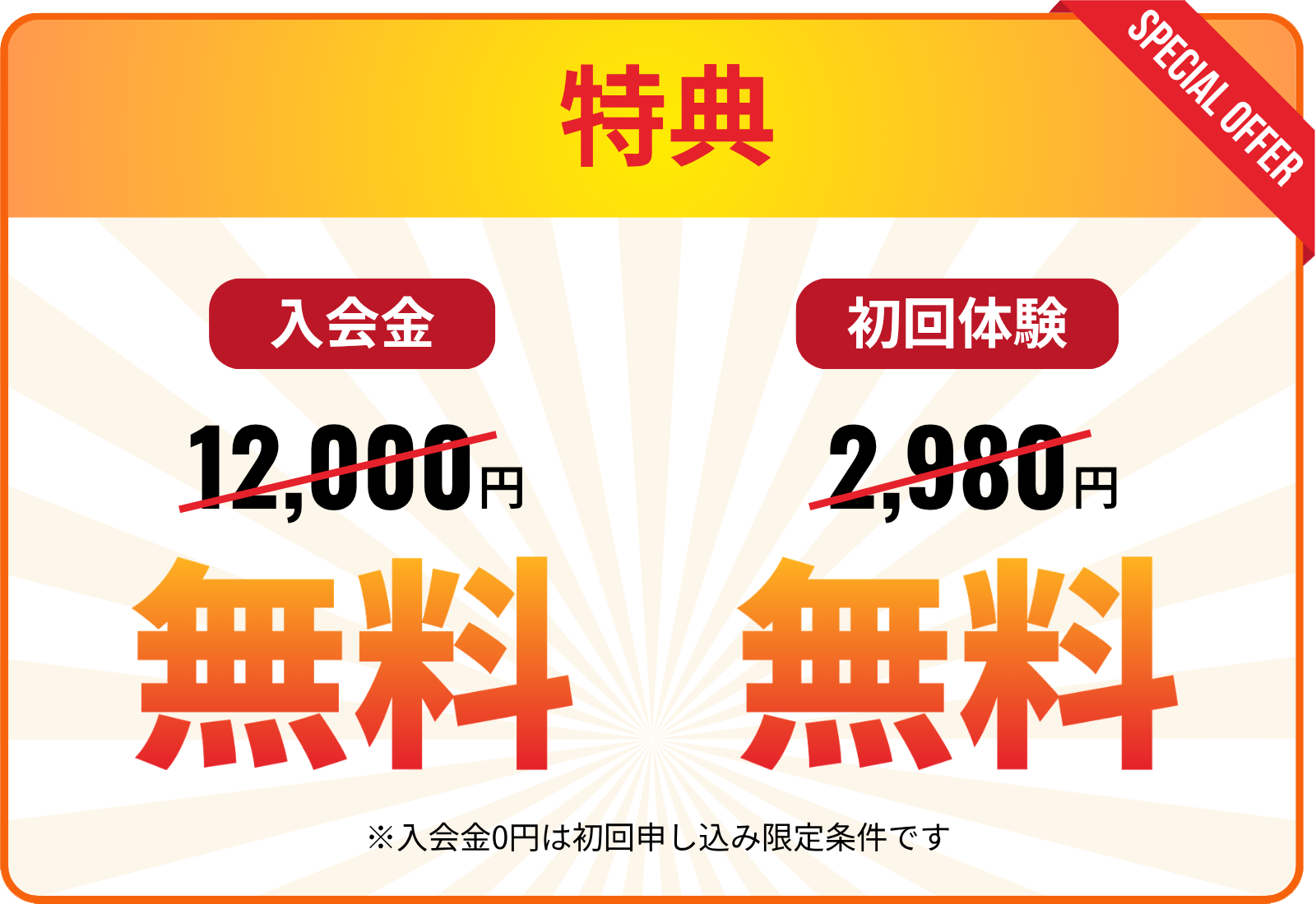 Gymもの入会金無料と体験無料の入会特典を説明している画像