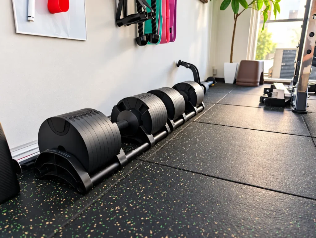Gymも。志木店の床に並ぶ、重さを変えられるダンベル