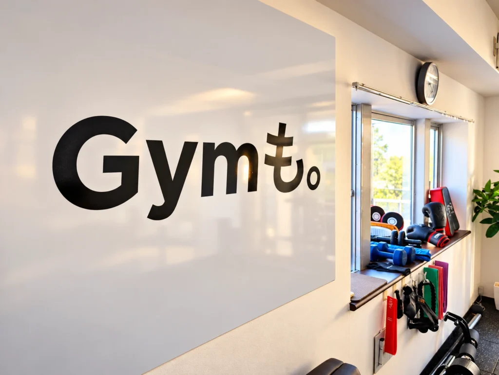 Gymも。志木店の壁に掲げられたGymも。のロゴ