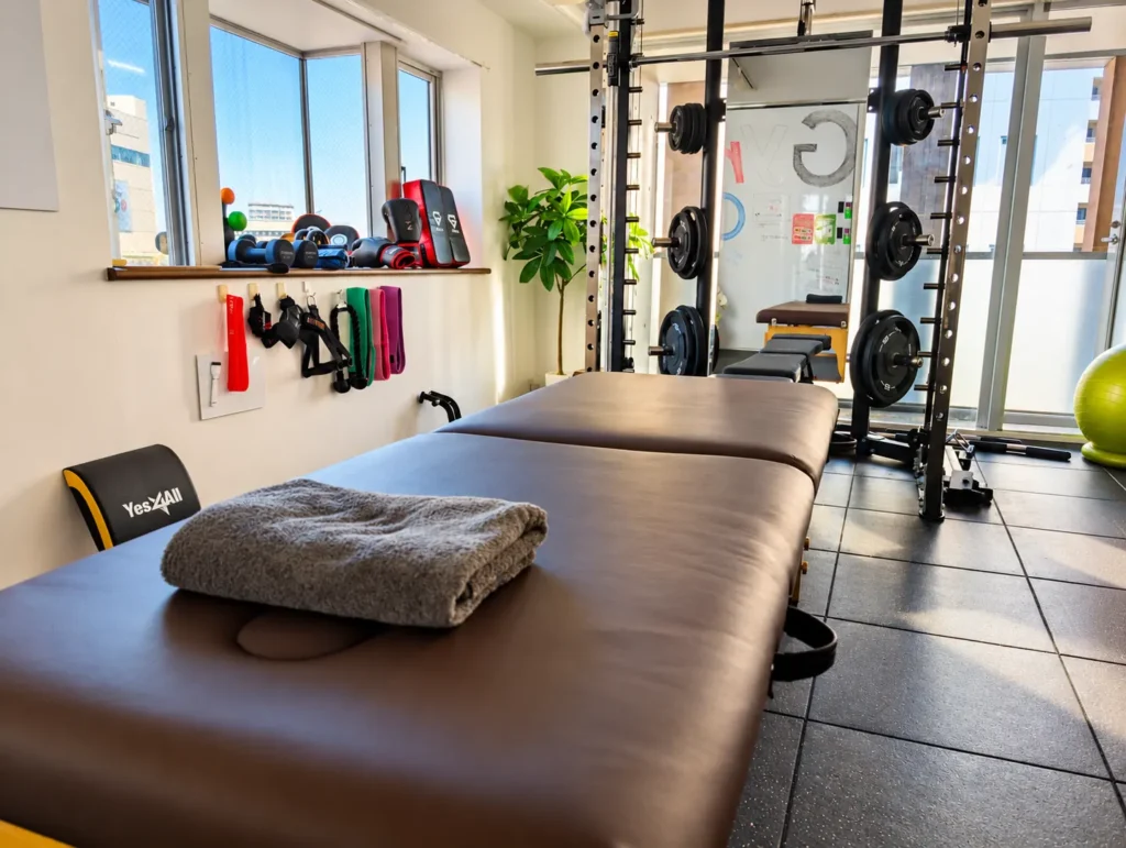 Gymも。志木店のストレッチ用ベッドと窓辺に並ぶトレーニング器具
