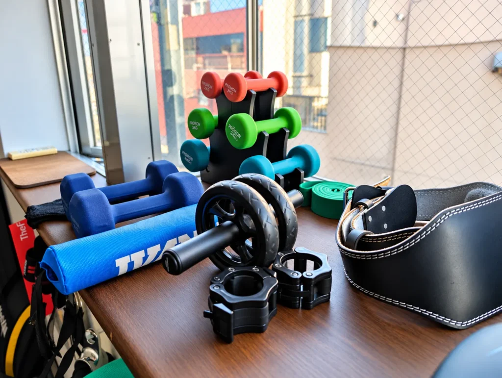 Gymも。志木店の窓辺に置かれたダンベル、腹筋ローラー、トレーニングベルトなどの小物